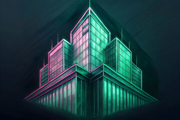 A digital illustration of a modern building with vibrant green and pink lighting, showcasing a sleek architectural design against a dark background.