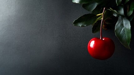 Wall Mural - A single ripe red cherry hangs from a branch with green leaves against a dark background.