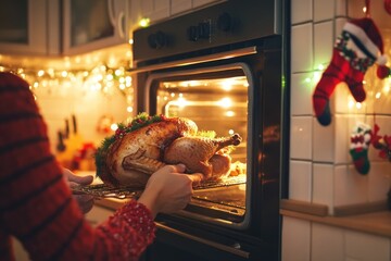 Festive Holiday Cooking: Turkey in Oven with Christmas Decorations