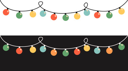 Glowing lightbulb garland. Christmas lights set line banner. Colorful string fairy light. Round shape. Cartoon holiday xmas decoration. Rainbow color. Flat design. Black White background. Vector