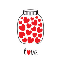 Glass jar Love bottle with red hearts inside. Happy Valentines Day. Greeting card, postcard, poster, sticker print template. Contour line doodle. Flat design. White background. Isolated. Vector