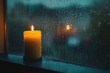 © Thanapong - A single candle on a window sill, with raindrops gently hitting the glass, symbolizing melancholy and reflection