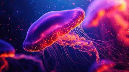 A vibrant pink and orange jellyfish with glowing tentacles against a dark blue background.