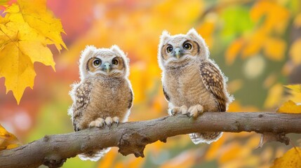 Wall Mural - Two Baby Owls Perched on a Branch Among Autumn Leaves