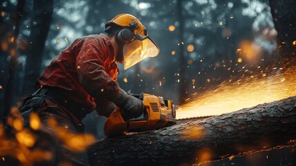 A logger uses a chainsaw to cut a tree in a forest, surrounded by sparks and dust.