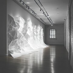 Poster - Intricate geometric paper art installation white on white with subtle topaz accents in contemporary space