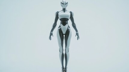 Poster - A Futuristic White and Black Female Robot Standing Against a White Background