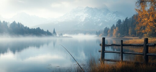Poster - A fishing rod leans against a wooden fence beside a tranquil lake with a misty background of mountains and trees.