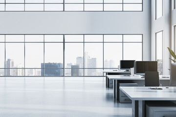 Poster - Contemporary spacious coworking office interior with panoramic windows, city view and daylight. 3D Rendering.