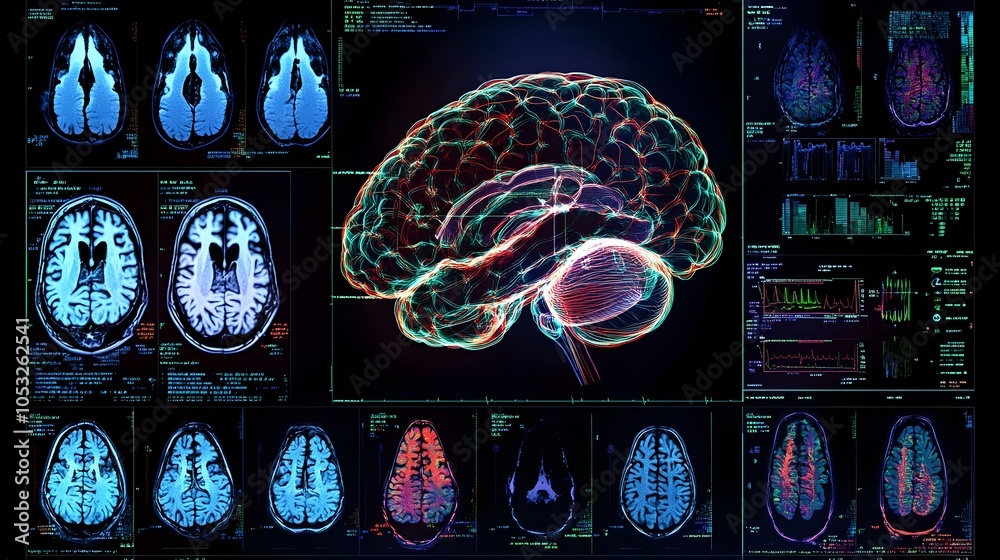 Dynamic Brain Scan Detailed 3D digital brain scan with holographic elements highlighting ...