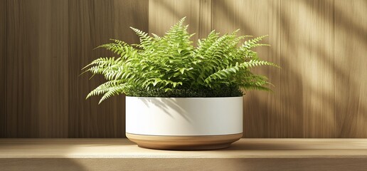 Poster - A green fern plant in a white pot with a wooden base sits on a wooden shelf against a wooden background with sunbeams coming through a window.