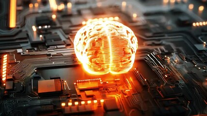 Poster - Brainpower:  A glowing human brain rests on a complex circuit board, symbolizing the intersection of human intellect and artificial intelligence.
