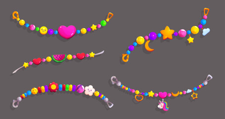 friendship bracelets set isolated on black background. vector cartoon illustration of colorful jewel