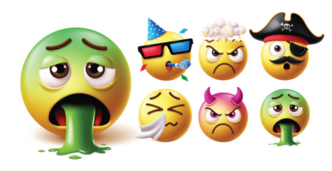 Poster - Emoji vomiting face character vector set. 3d emoticon characters in sick and disgust facial expression with birthday clown, angry, pirate, crying, devil and vomit yellow icon faces collection. Vector 