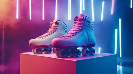Poster - A pair of white roller skates with pink accents stand on a pink platform against a background of vertical neon pink and blue lights and smoke.