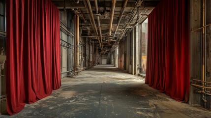 Poster - Industrial pipes and vibrant red curtains intersect in an empty urban space, adding color and intrigue.