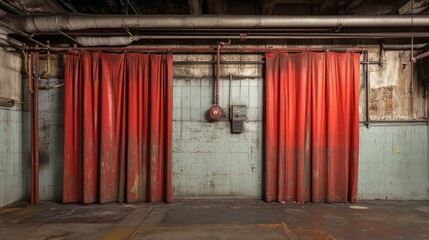 Poster - Industrial pipes and vibrant red curtains intersect in an empty urban space, adding color and intrigue.