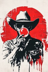 Stylized cowboy figure blowing bubble gum, vintage art style on a red background.