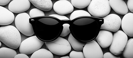 Sunglasses on white stones.