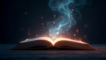 A magical old book lying on an ancient wooden table, open and glowing with various small particles