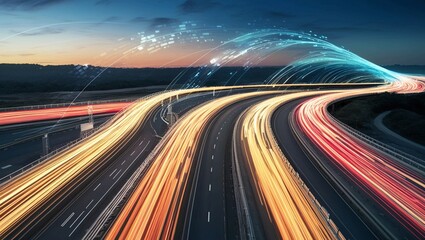 Poster - Data Highway with Dynamic Light Trails, Representing Fast Data Transfer, Internet Connectivity, and High-Speed Technology