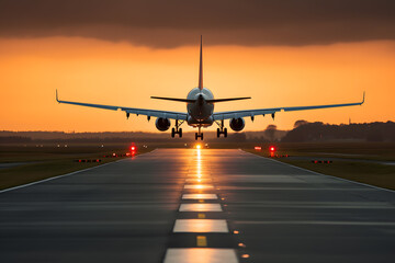 Airplane landing from the airport, front view sunset sunrise sky.