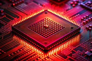 A close-up of a microprocessor with glowing circuitry, showcasing intricate details and vibrant red lighting.