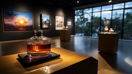 Wall Mural - A glass bottle with a dark liquid inside, displayed on a wooden pedestal in a modern art gallery.