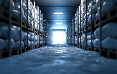 A wide view of a cold storage facility with pallets stacked and foggy ground, showcasing a misty and cool ambiance.