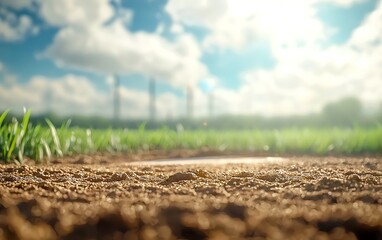 Close-up view of soil and grass with a bright sky and industrial smokestacks in the background, symbolizing nature and industry.