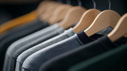 array of colored t-shirts on light wooden hangers