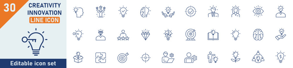 Wall Mural - creativity innovation line icon set. set of 30 outline icons related to idea, creative, solution, br