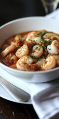 Delicious bowl of shrimp stew garnished with fresh herbs served at a cozy restaurant