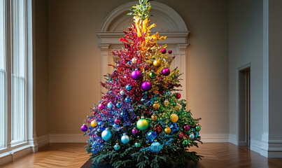 vibrant, colorful Christmas tree adorned with shiny ornaments, creating festive and joyful atmosphere