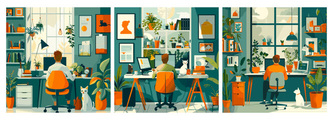 Poster - Modern home office indoor plants cartoon vector scenes. Man sitting back view workspace cat desk chair computer greenery bookshelf decor cozy character, stylish illustrations isolated white background