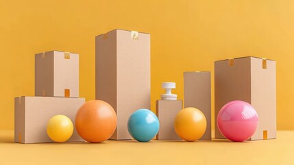 Aufkleber - Dynamic composition of geometric shapes and packaging in vibrant tones on a bright background