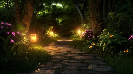 Poster - A stone path through a lush, enchanted forest lit by lanterns.