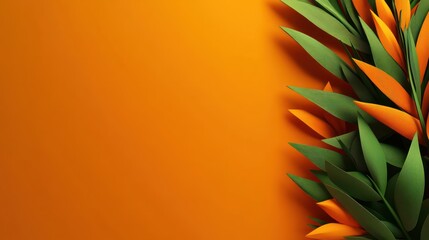 Poster - Vibrant green and orange leaves against a bright orange background creating a bold natural aesthetic