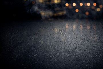 Wall Mural - Surface of black concrete floor with colorful bokeh lights. Abstract texture with mist or fog