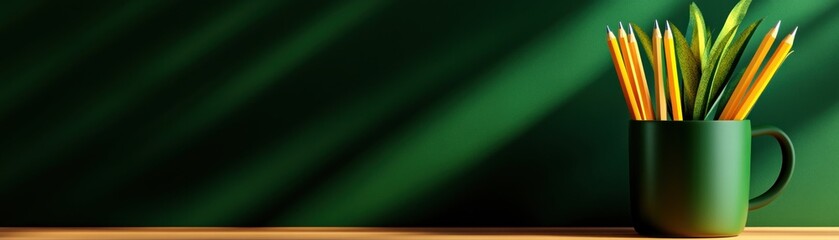 Poster - A colorful arrangement of pencils and green leaves in a modern setting
