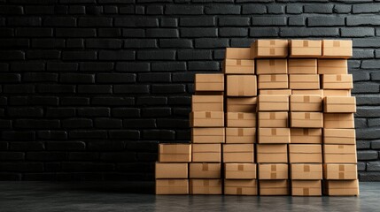 Poster - Stacks of cardboard boxes against a black brick wall a visual representation of shipping and storage solutions in modern business