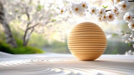 Poster - A serene wooden sphere amid blossoming cherry trees in nature's tranquility