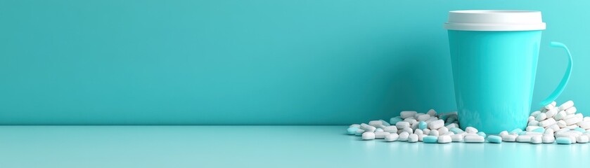 Poster - Vibrant turquoise coffee cup surrounded by white capsules on a minimalist surface for a fresh aesthetic