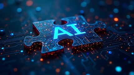 A blue and orange puzzle piece with the letters AI on a futuristic and technological vibe, Two circuit board puzzle pieces AI, abstract background, wallpaper