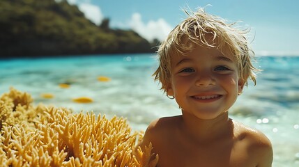 Generative AI Image of Cute Little Boy Playing in Shallow Ocean Beach with Coral Reefs at Bright Day