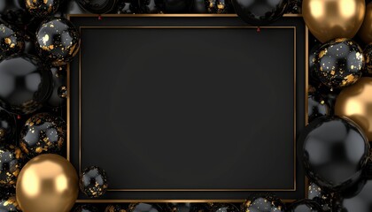 A festive frame surrounded by black and gold balloons, ideal for invitations or celebratory announcements.