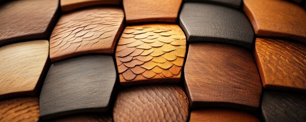 Aufkleber - Intricate wooden mosaic a close-up of textured tiles showcasing natural wood patterns and colors