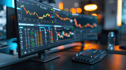 Aufkleber - High tech workstation featuring multiple monitors displaying financial data and stock market trends, creating atmosphere of productivity and focus