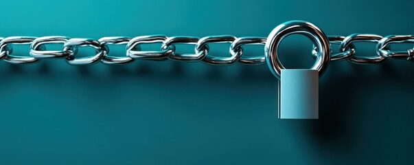Poster - Secured connection exploring the symbolism of a padlock on a chain against a turquoise background