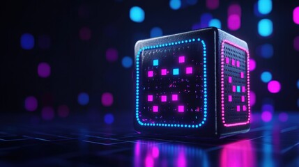 Fototapete - A vibrant neon cube illuminating the digital landscape with pulsating lights in a futuristic setting